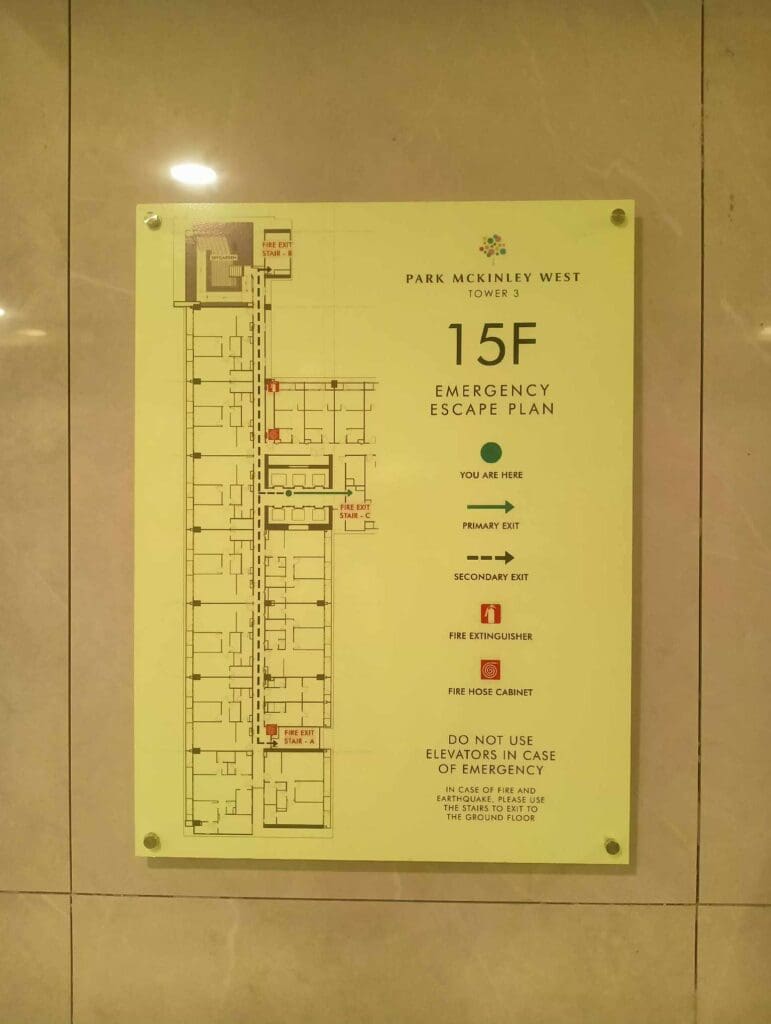 Acrylic evacuation map signage for Park McKinley West Tower 3, 15th floor, Metro Manila, sign maker Philippines by M&G Global Ads.