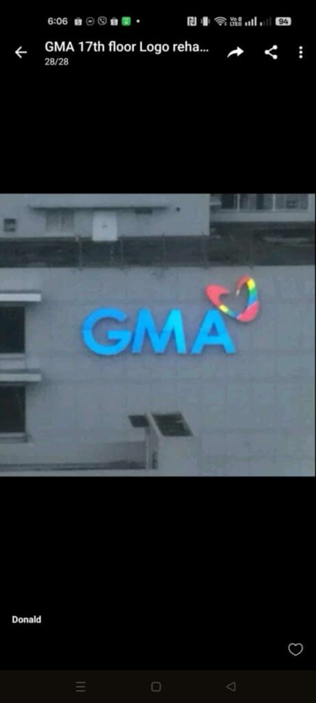 Outdoor acrylic building signage for GMA with blue letters and heart logo in Metro Manila by sign maker Philippines, M&G Global Ads.
