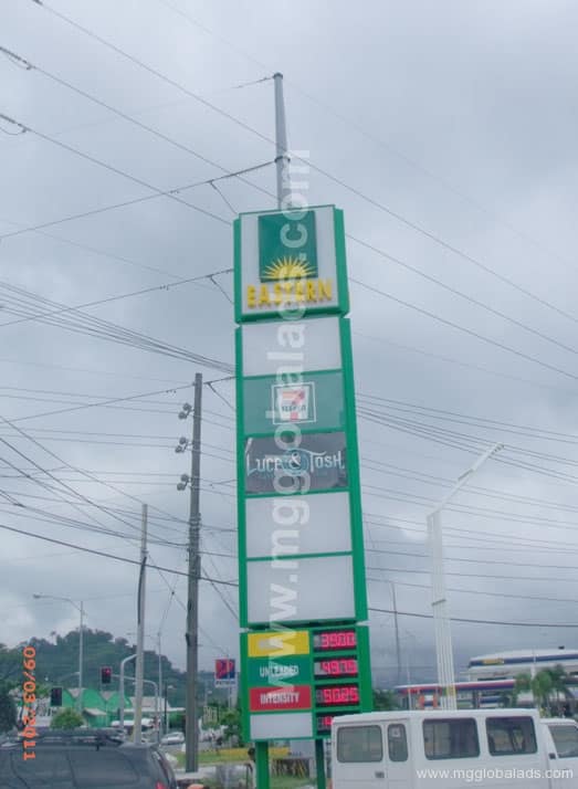 Outdoor pylon gas station acrylic signage for Eastern, fuel prices listed, Metro Manila, sign maker Philippines by M&G Global Ads.