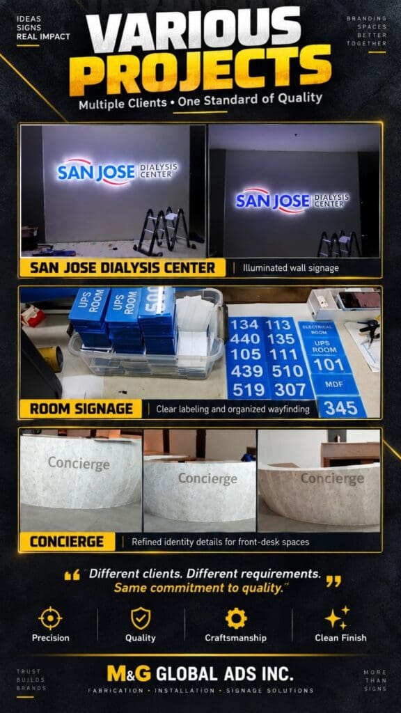 A collage of M&G Global Ads Inc.’s sign maker Philippines projects, featuring LED illuminated acrylic wall signage, organized indoor room signage, and stainless steel concierge desk lettering for San Jose Dialysis Center in San Jose. Company values and branding are displayed at the top and bottom. Signage by M&G Global Ads.