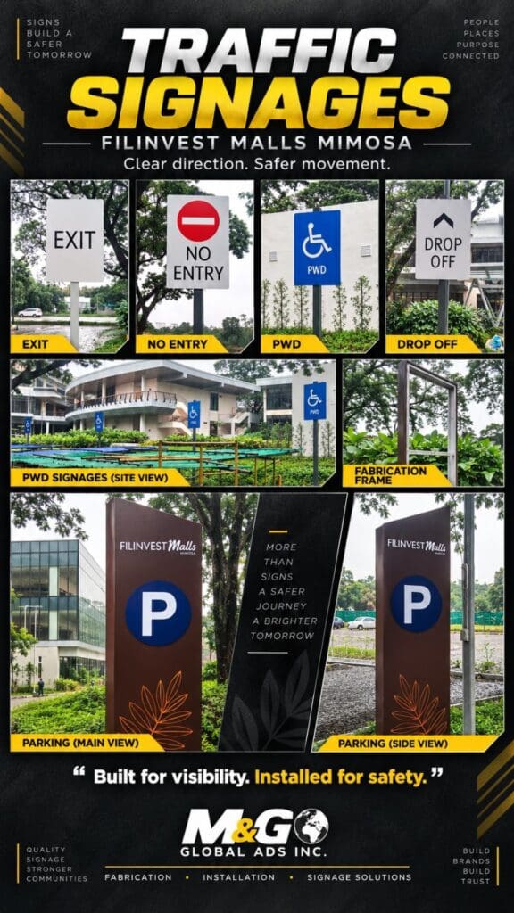 A promotional poster features various outdoor parking and safety signages, including EXIT, NO ENTRY, PWD, DROP OFF, and parking signs made from durable materials at Filinvest Malls Mimosa in the Philippines. The signage highlights include wayfinding graphics designed for visibility and safety installation. Sign maker Philippines by M&G Global Ads.