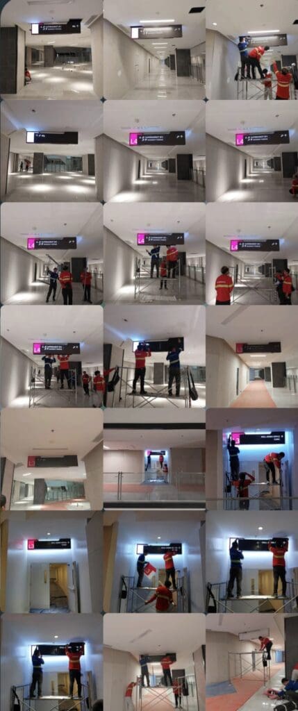 A sequence of photos shows two workers installing a rectangular, illuminated LED acrylic sign that reads PARKSON BEAUTY above a doorway in a brightly lit hallway, indoor signage in Metro Manila, sign maker Philippines by M&G Global Ads.