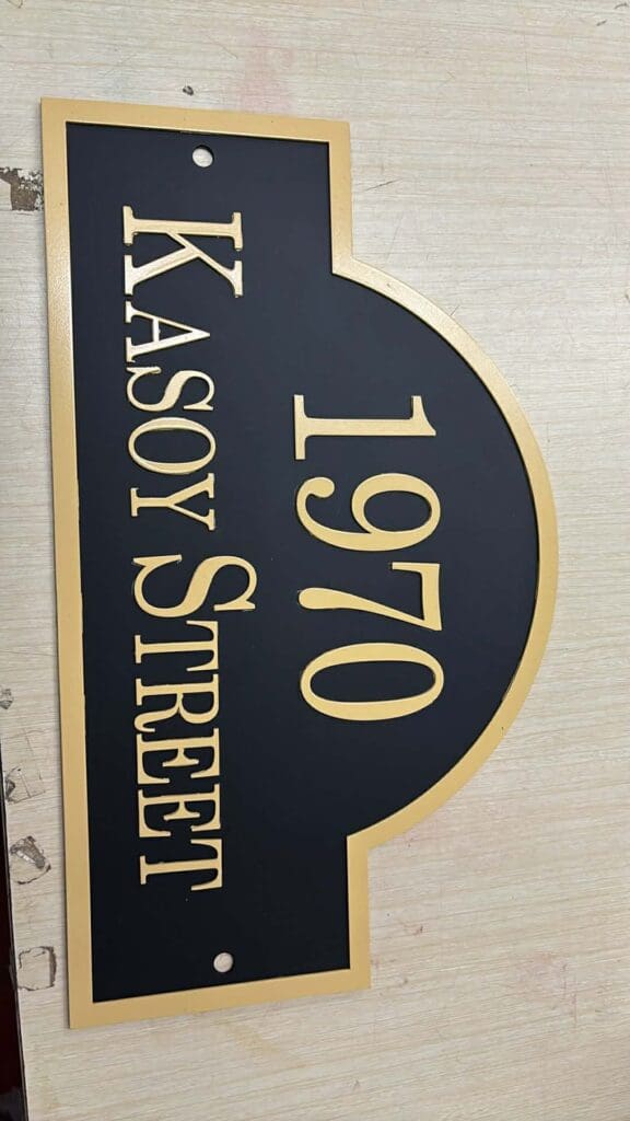 Acrylic address plaque signage, black and gold, 1970 KASOY STREET vertical text, Metro Manila, sign maker Philippines by M&G Global Ads.