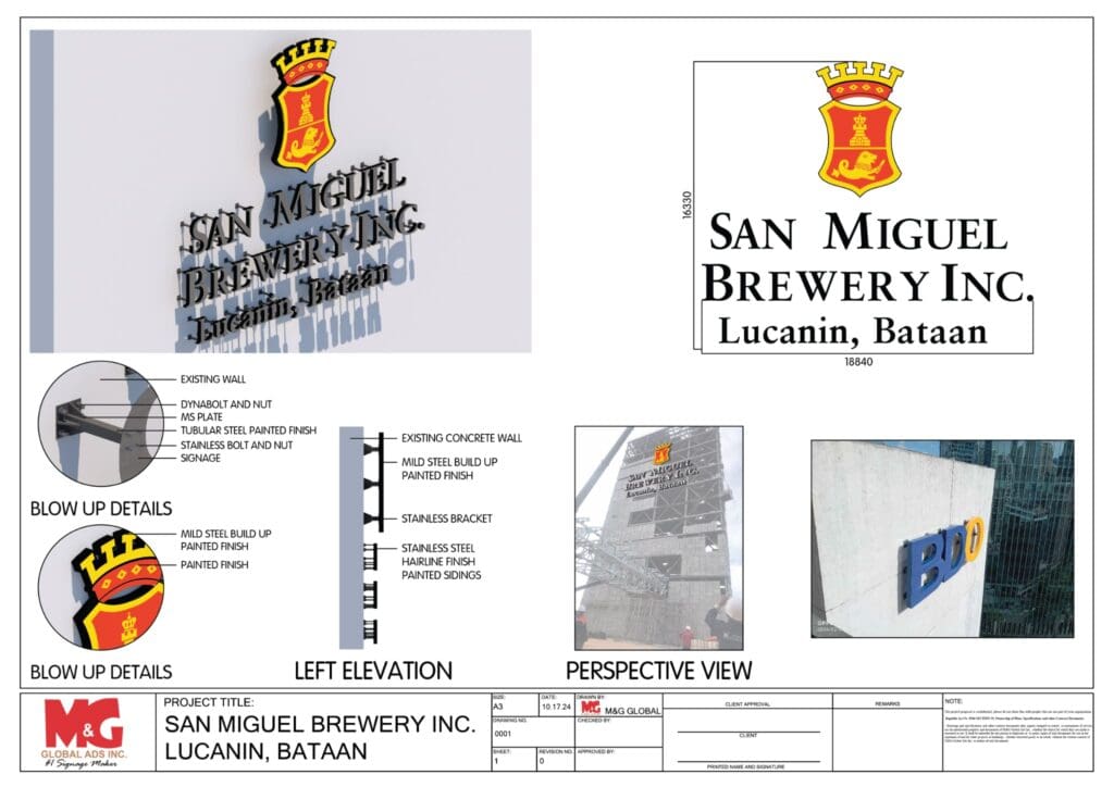 Acrylic building signage design for San Miguel Brewery Inc., Lucanin, Bataan by sign maker Philippines, M&G Global Ads.