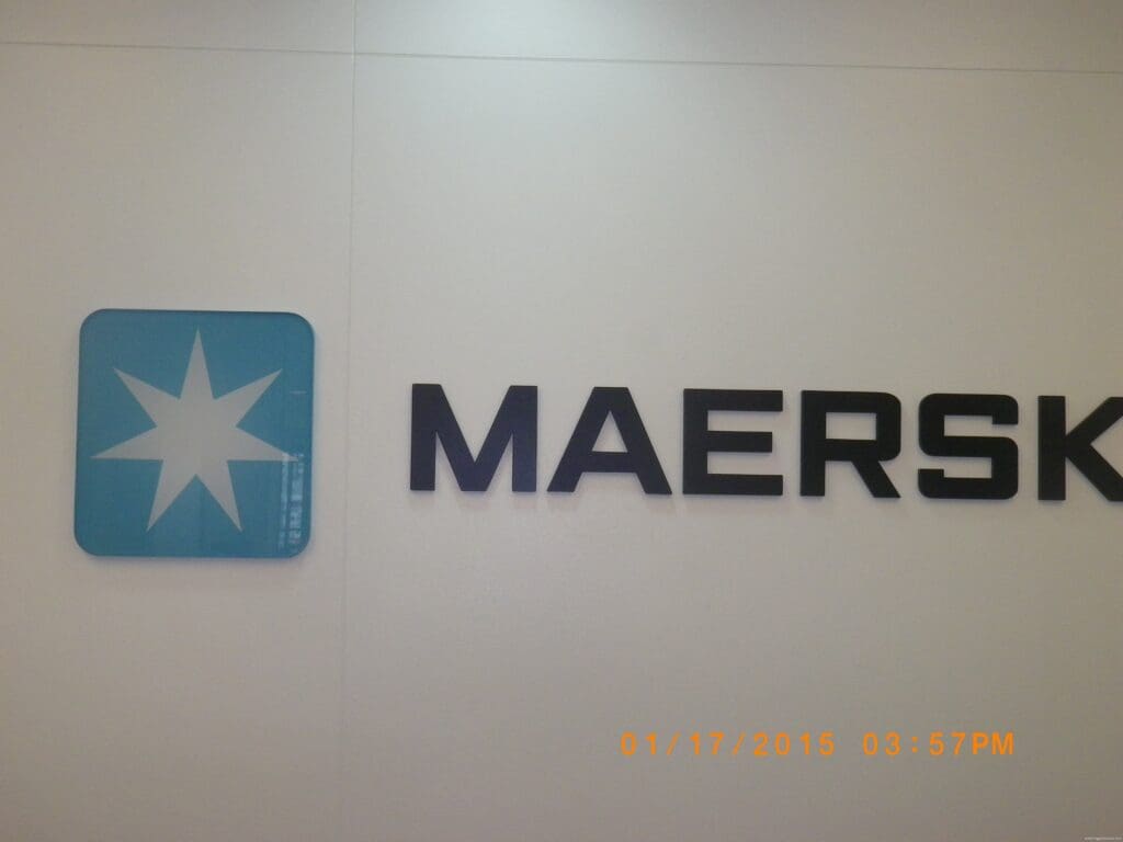 Acrylic building signage with blue Maersk logo and black MAERSK text, Metro Manila, sign maker Philippines by M&G Global Ads.