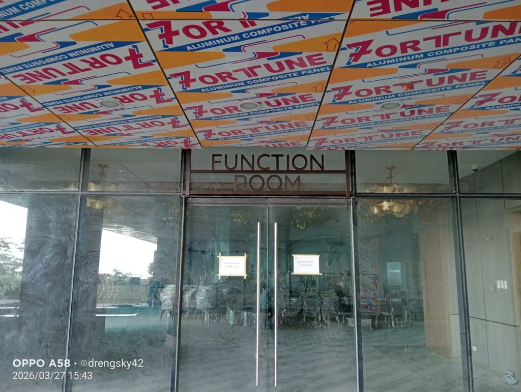 Acrylic indoor room signage "Function Room" with metal handles, Fortune aluminum panel ads, Metro Manila. Sign maker Philippines by M&G Global Ads.