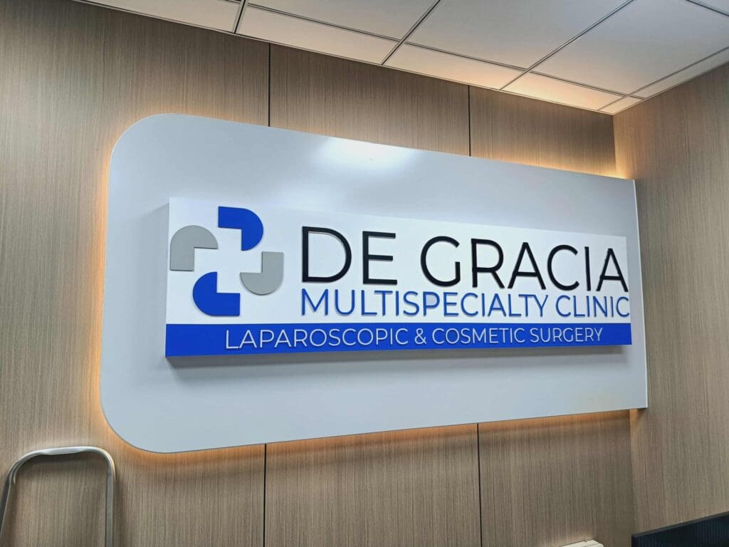 Acrylic indoor wall sign for De Gracia Multispecialty Clinic, Metro Manila. Sign maker Philippines by M&G Global Ads.