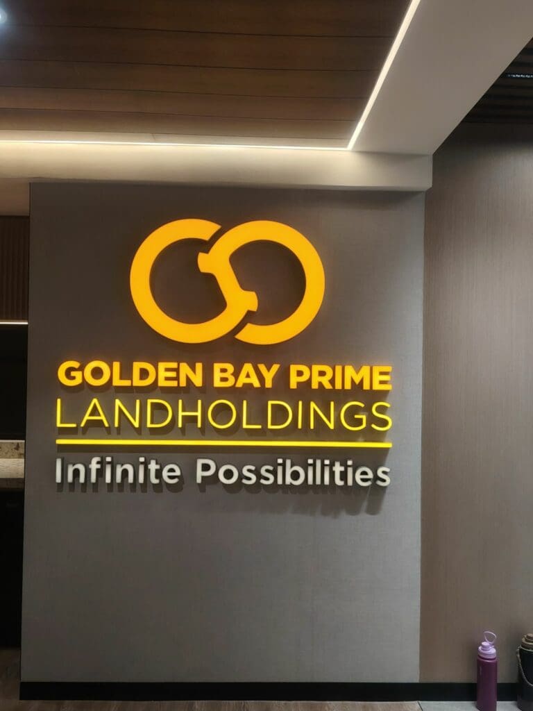 Acrylic indoor wall sign for GOLDEN BAY PRIME LANDHOLDINGS, Metro Manila, by sign maker Philippines by M&G Global Ads.