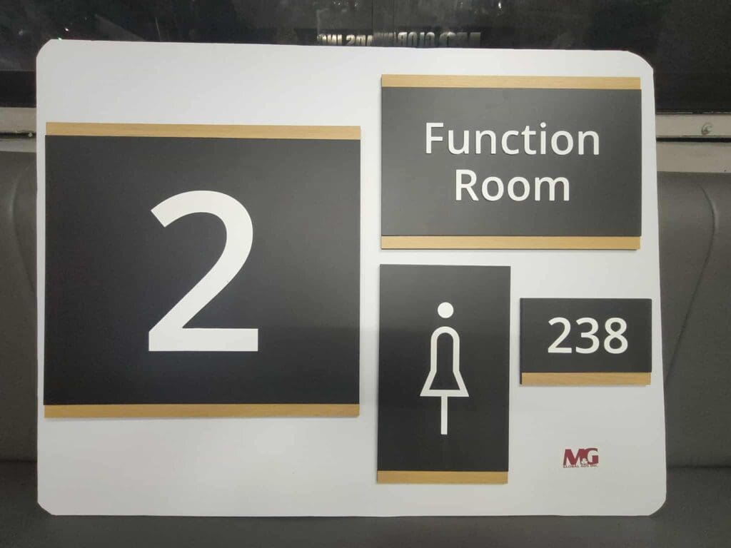 Acrylic indoor wayfinding room sign, black and gold, for Function Room 238, sign maker Philippines by M&G Global Ads.