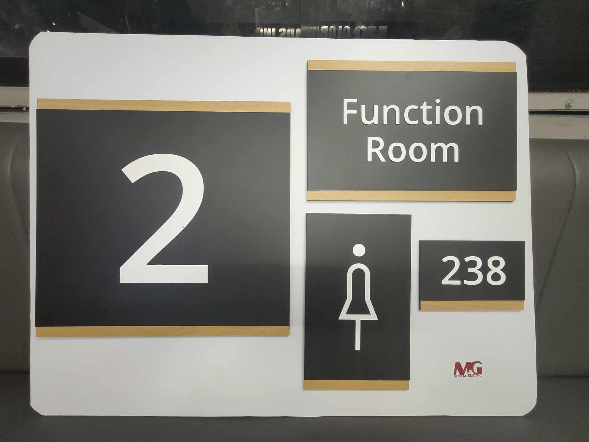 Acrylic indoor wayfinding room sign, black and gold, for Function Room 238, sign maker Philippines by M&G Global Ads.