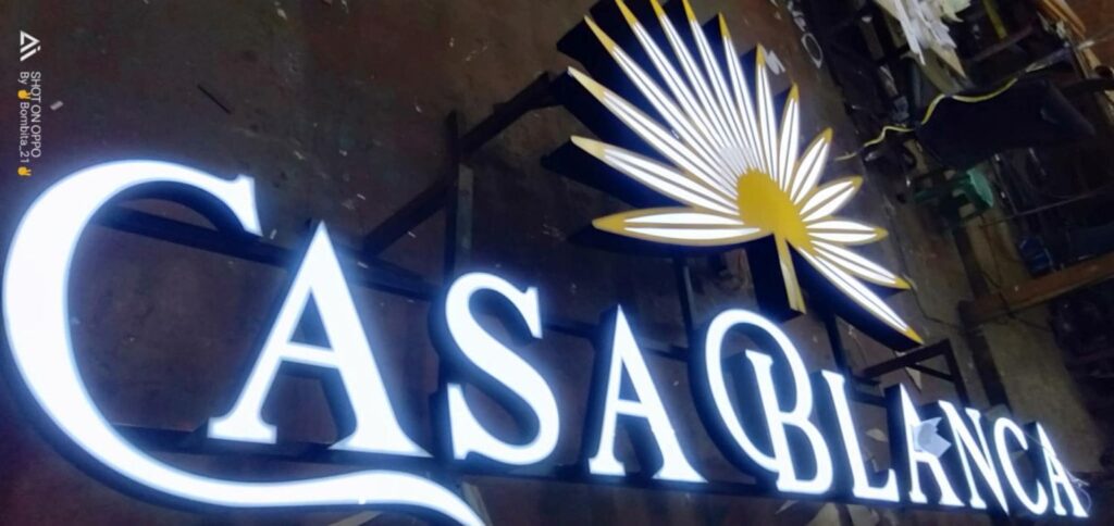 Acrylic LED illuminated sign CASABLANCA with flower, workshop view, Metro Manila, sign maker Philippines by M&G Global Ads.
