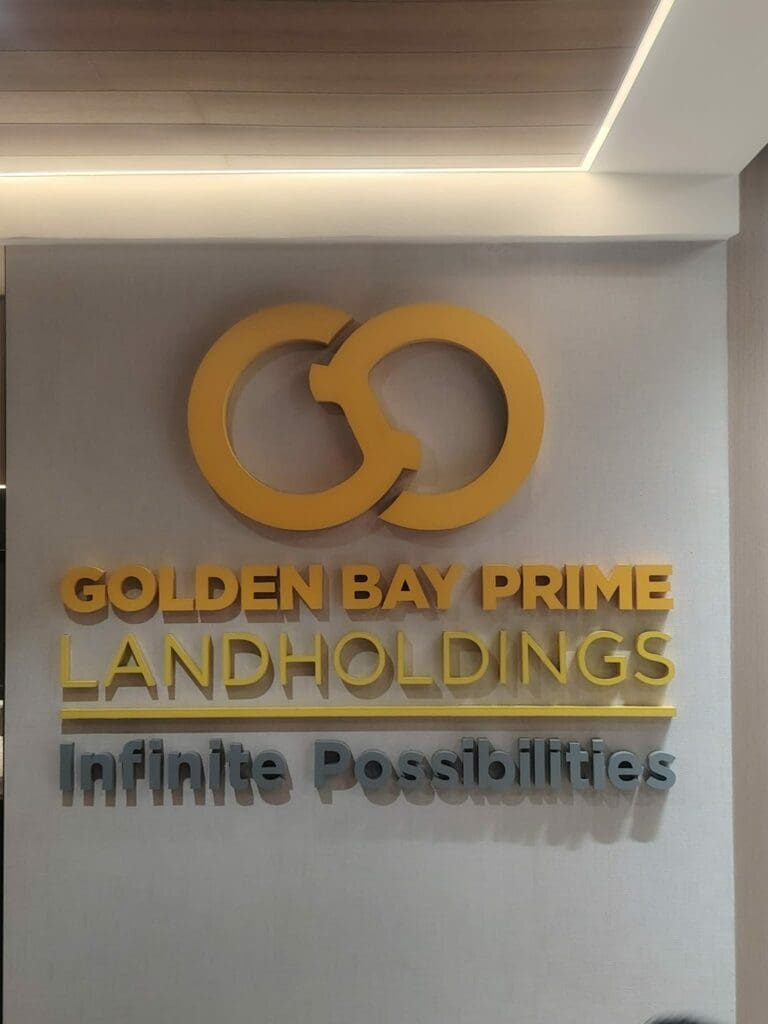 Acrylic wall signage GOLDEN BAY PRIME LANDHOLDINGS, Metro Manila, sign maker Philippines by M&G Global Ads.