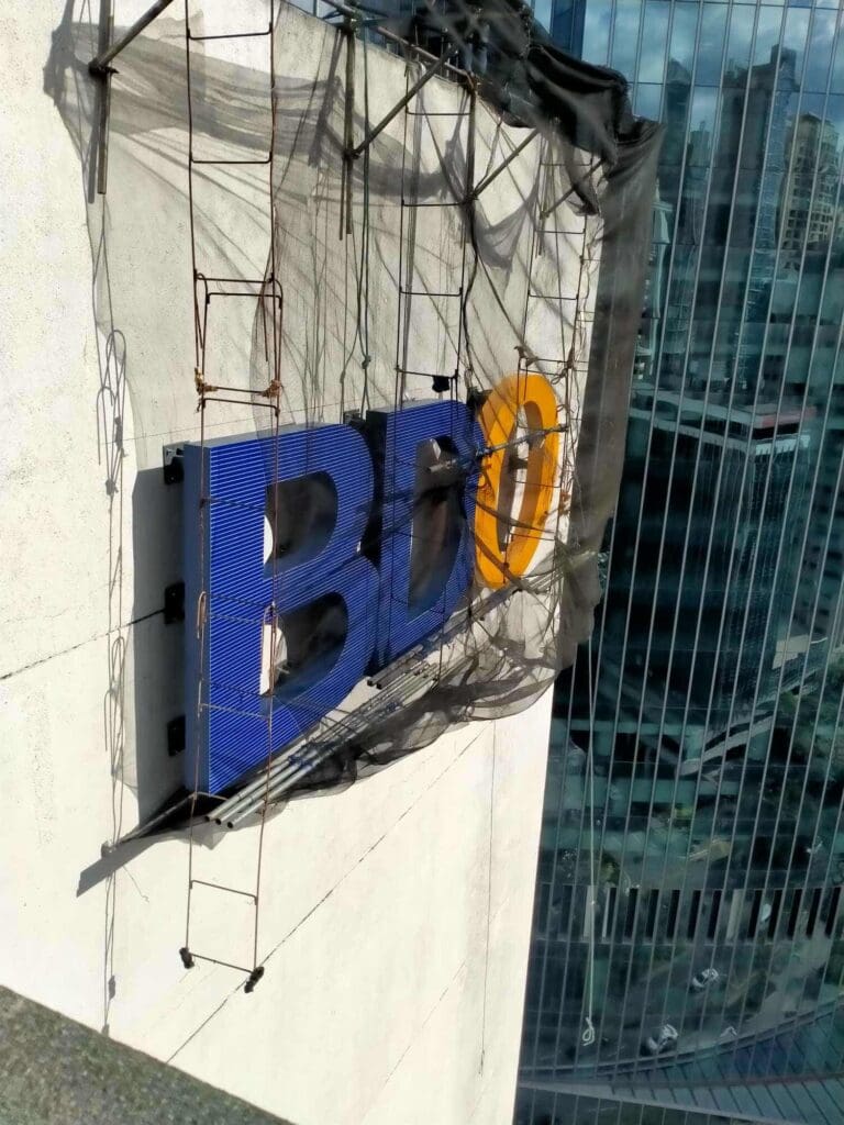 BDO outdoor building acrylic signage on tall building, Metro Manila, sign maker Philippines by M&G Global Ads.