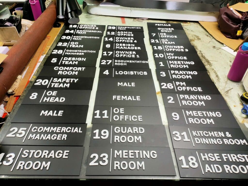 Black and white acrylic office room signs with numbers for OWNER OFFICE, MEETING ROOM, LOGISTICS by sign maker Philippines, M&G Global Ads.