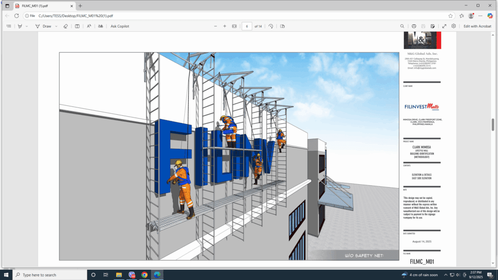 Digital rendering of workers installing outdoor acrylic building signage, Metro Manila, sign maker Philippines by M&G Global Ads.