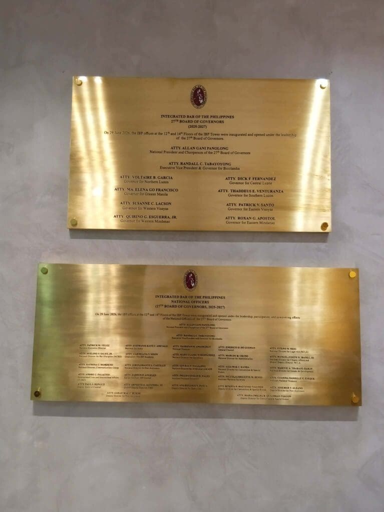 Engraved brass indoor plaques signage featuring names and titles of board members for Integrated Bar of the Philippines, Iligan City Chapter, sign maker Philippines by M&G Global Ads.