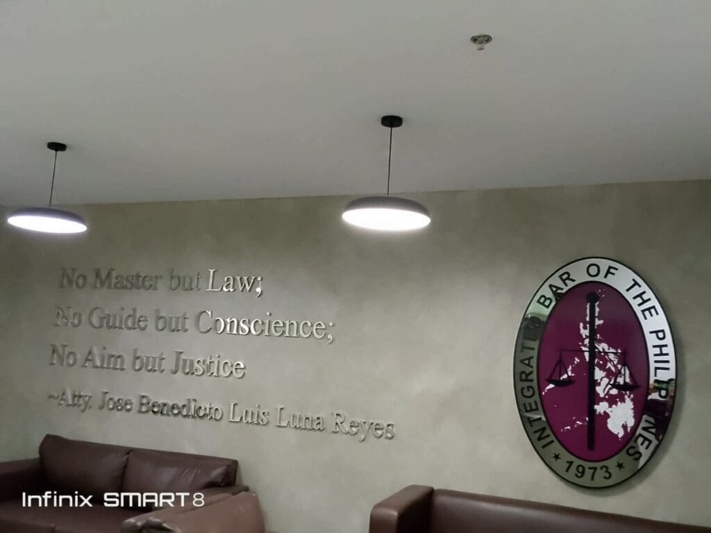 Engraved wall signage, Integrated Bar of the Philippines, Atty. Reyes quote, Metro Manila, sign maker Philippines by M&G Global Ads.