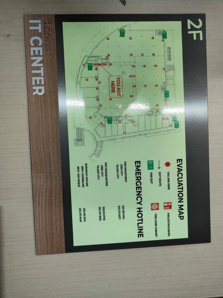 Evacuation map acrylic indoor signage for IT CENTER 2nd floor, Metro Manila, safety sign maker Philippines by M&G Global Ads.