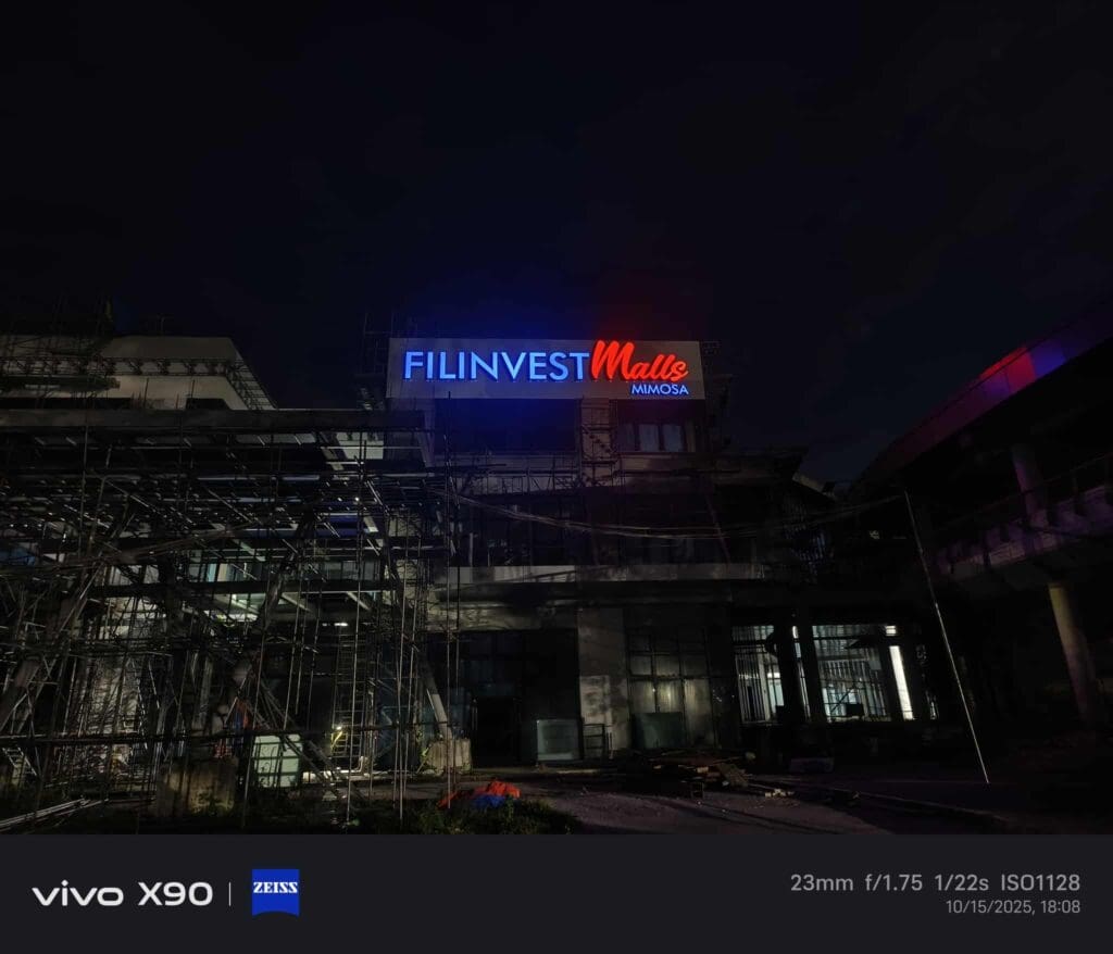 FILINVEST Mall MIMOSA LED building signage at night in the Philippines by sign maker Philippines, by M&G Global Ads.