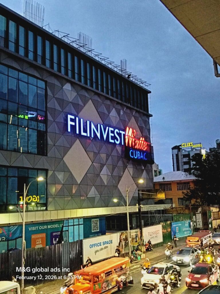 FILINVEST Malls Cubao LED building signage at dusk, Metro Manila, sign maker Philippines by M&G Global Ads.