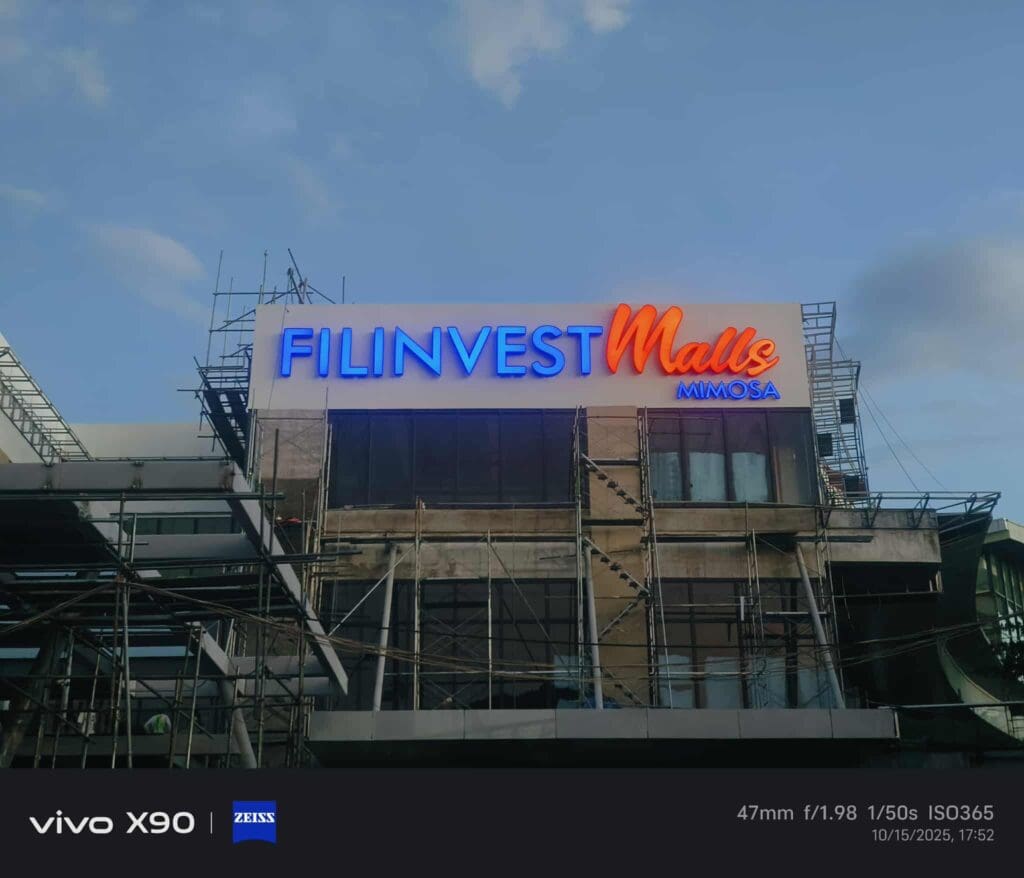 FILINVEST Malls MIMOSA LED building signage, outdoor sign maker Philippines, Clark Pampanga by M&G Global Ads.