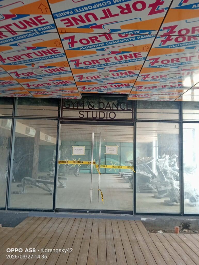 Glass doors with acrylic Gym & Dance Studio room signage, aluminum panel, gym interior in Metro Manila by sign maker Philippines M&G Global Ads.