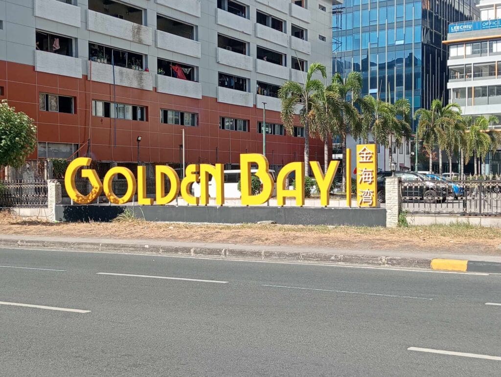 Golden Bay outdoor acrylic signage with yellow letters and Chinese characters, Metro Manila, sign maker Philippines by M&G Global Ads.