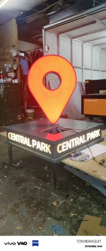 Illuminated acrylic LED location pin signage with CENTRAL PARK text, indoor sign maker Philippines, Metro Manila by M&G Global Ads.