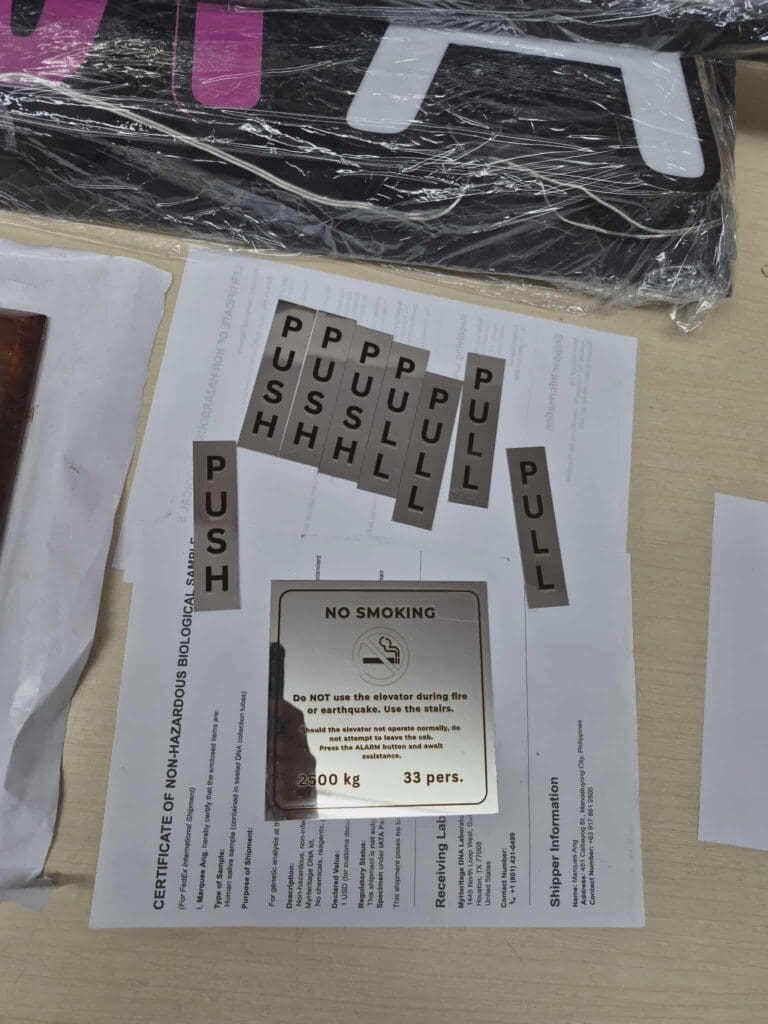 Indoor acrylic PUSH and PULL labels with stainless steel NO SMOKING sign by sign maker Philippines, Metro Manila, by M&G Global Ads.