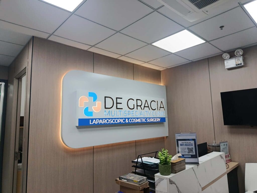 Indoor acrylic signage for De Gracia Multispecialty Clinic in Metro Manila by sign maker Philippines, M&G Global Ads.