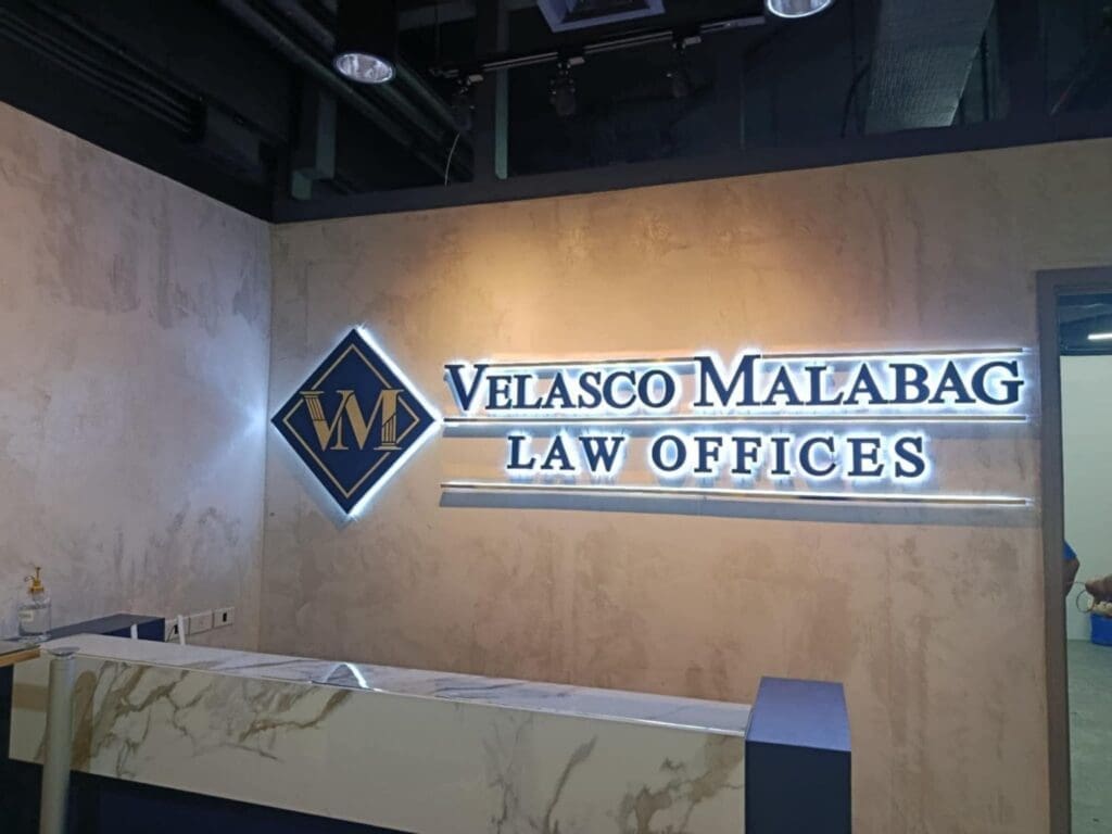 Indoor LED acrylic wall signage for Velasco Malabag Law Offices, Metro Manila, sign maker Philippines by M&G Global Ads.