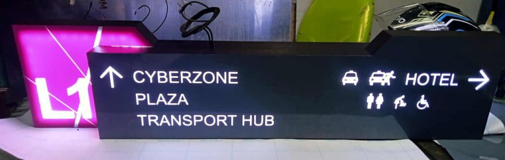 Indoor LED wayfinding acrylic directional sign L1 with icons, Metro Manila, sign maker Philippines by M&G Global Ads.