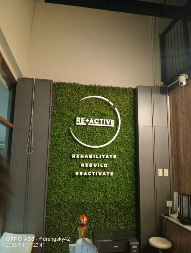 Indoor wall mural signage with white acrylic letters, RE+ACTIVE and motivational phrases, Metro Manila, sign maker Philippines by M&G Global Ads.