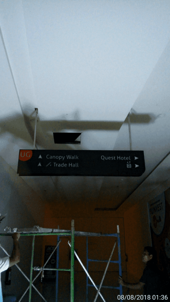 Indoor wayfinding ceiling sign for Canopy Walk, Trade Hall, and Quest Hotel in Metro Manila by sign maker Philippines, by M&G Global Ads.