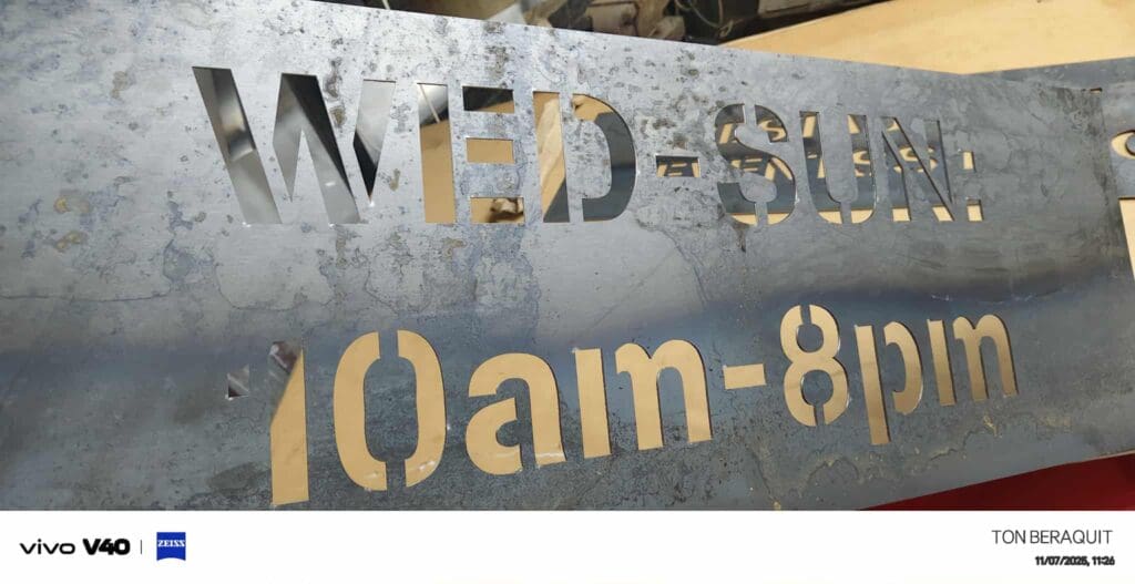 laser cutting Stainless steel engraved sign with cut-out text in Metro Manila by sign maker Philippines, by M&G Global Ads.