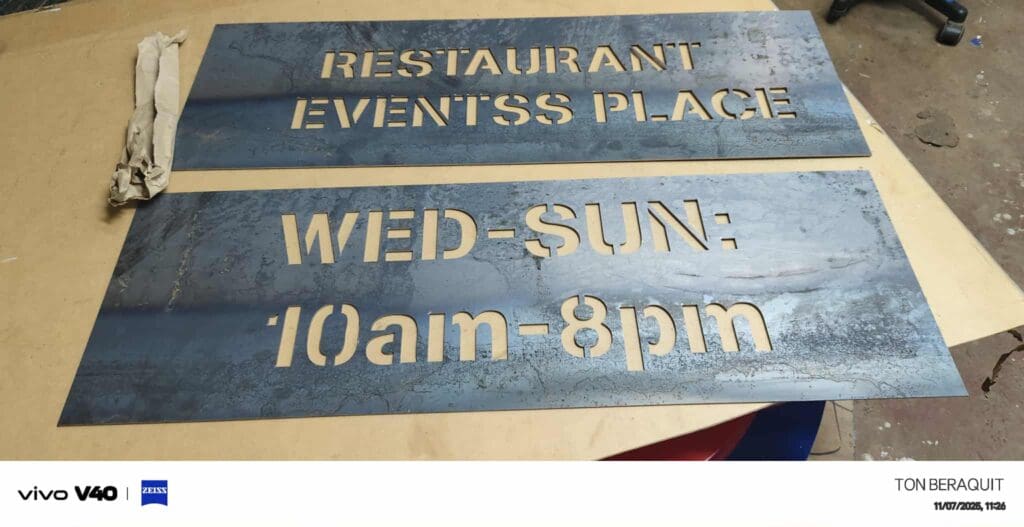 laser cutting Stainless steel wayfinding signs for RESTAURANT EVENTSS PLACE by sign maker Philippines, Metro Manila, by M&G Global Ads.