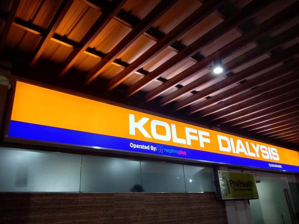 LED acrylic building signage for Kolff Dialysis operated by NephroPlus, Metro Manila, sign maker Philippines by M&G Global Ads.
