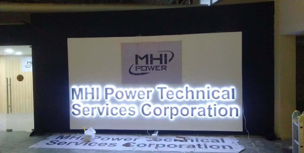 LED acrylic indoor building signage for MHI Power, Metro Manila, by sign maker Philippines. By M&G Global Ads.