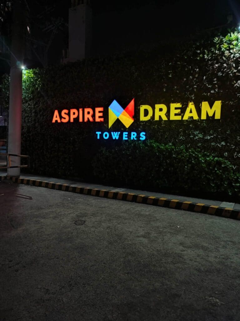LED acrylic outdoor signage for Aspire Dream Towers, Metro Manila, by sign maker Philippines M&G Global Ads.
