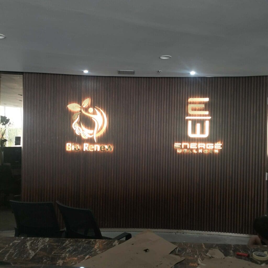 LED indoor acrylic signs with Bio Renew and Energy Wellness logos, Metro Manila, sign maker Philippines by M&G Global Ads.