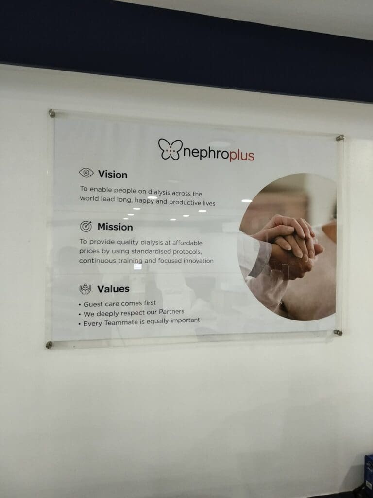 NephroPlus acrylic indoor signage with Vision, Mission, Values, handshake image, Metro Manila sign maker Philippines by M&G Global Ads.