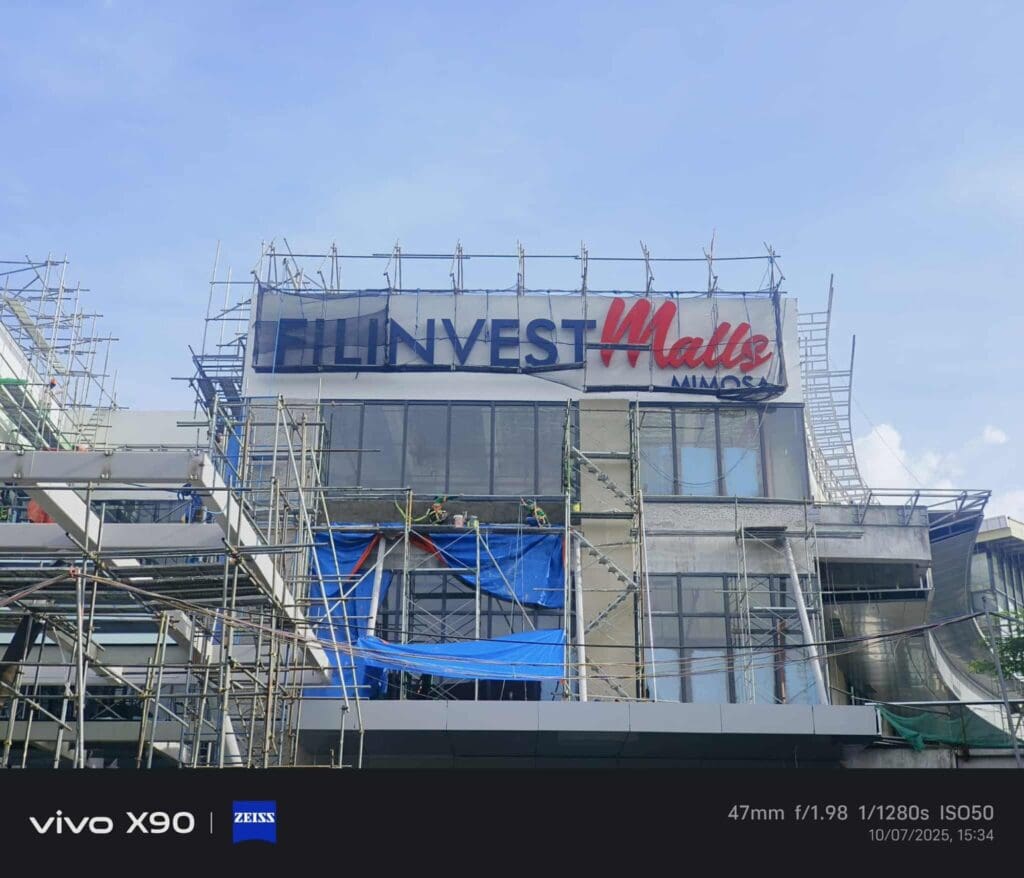 Outdoor acrylic building signage for FILINVEST Malls Alabang by sign maker Philippines, M&G Global Ads.