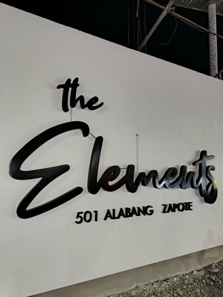 Outdoor building acrylic and metallic signage for Elements 501 Alabang Zapote, Metro Manila sign maker Philippines by M&G Global Ads.