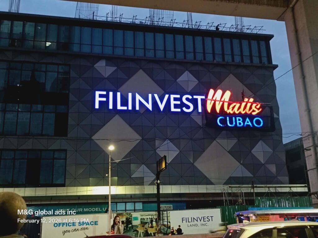 Outdoor LED acrylic building signage for Filinvest Malls Cubao, Metro Manila by sign maker Philippines, by M&G Global Ads.