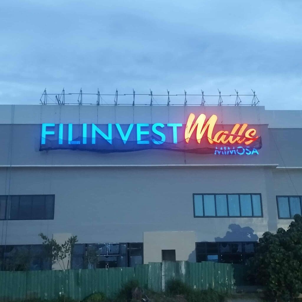 Outdoor LED acrylic building signage for FILINVEST Malls MIMOSA, Metro Manila, sign maker Philippines by M&G Global Ads.