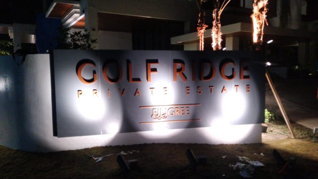 Outdoor pylon signage for Golf Ridge Private Estate and Filigree, illuminated at night in Metro Manila by sign maker Philippines by M&G Global Ads.