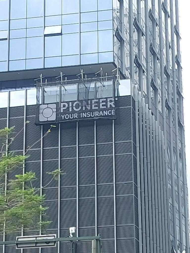 PIONEER YOUR INSURANCE building signage, likely acrylic or aluminum, Metro Manila, sign maker Philippines by M&G Global Ads.