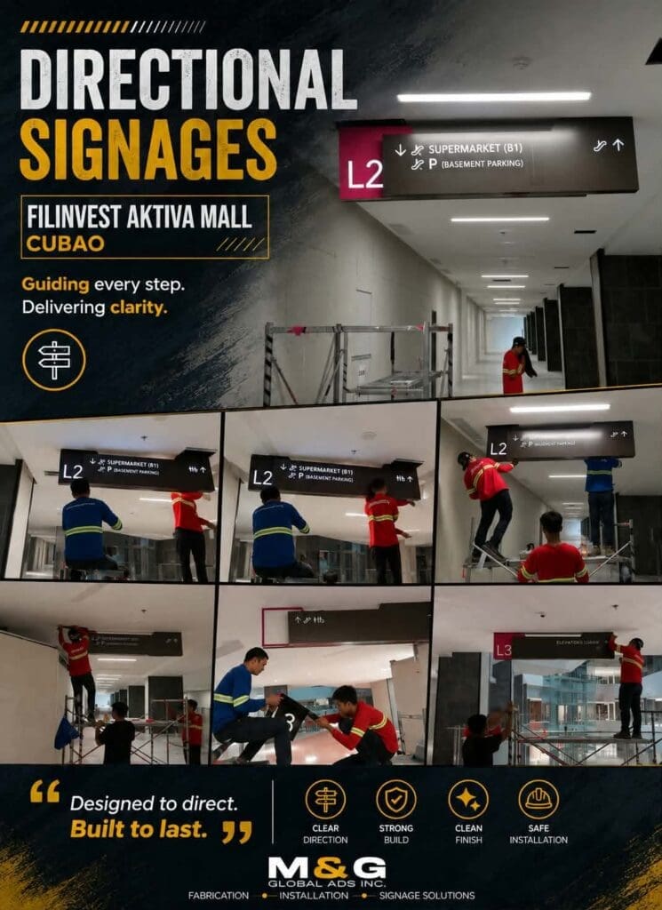 Six photos show workers installing indoor wayfinding signage at Filinvest Aktiva Mall, Cubao. The directional signs guide visitors to the supermarket and parking areas, featuring clear and durable designs. Sign maker Philippines by M&G Global Ads.