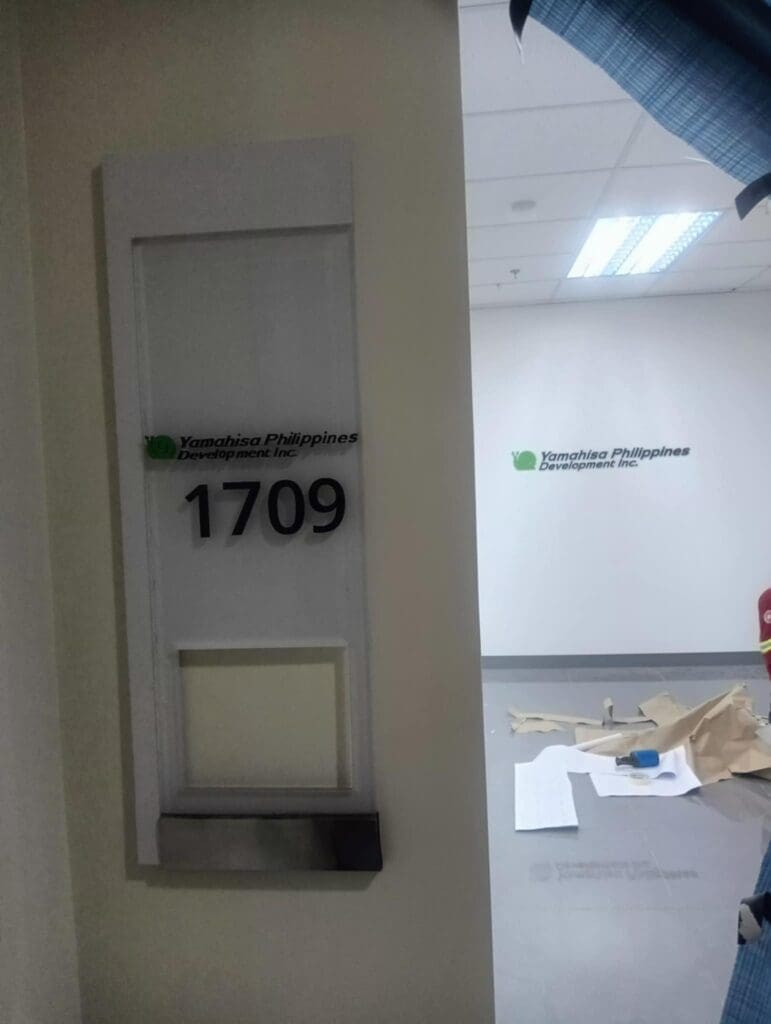 Room signage, likely acrylic, for Yamashita Philippines Development Inc. in office. Sign maker Philippines by M&G Global Ads.