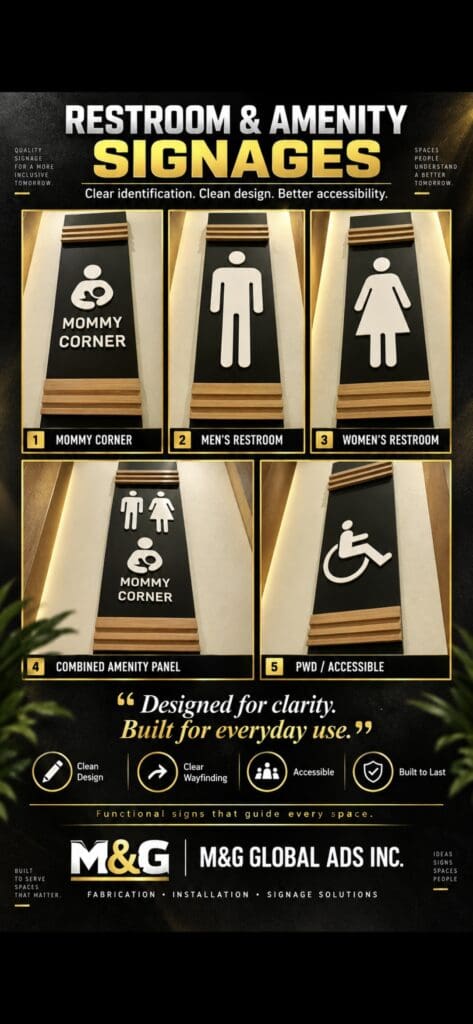 Acrylic restroom and amenity signage for mommy corner, men’s, women’s, mommy corner with amenities, and accessible restroom featuring bold icons on sleek plaques by sign maker Philippines in Metro Manila by M&G Global Ads.